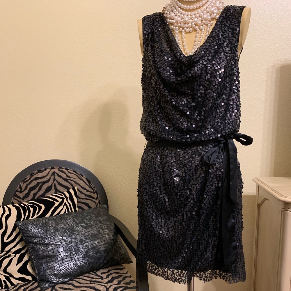 “Black” mini sequin dress with satin belt